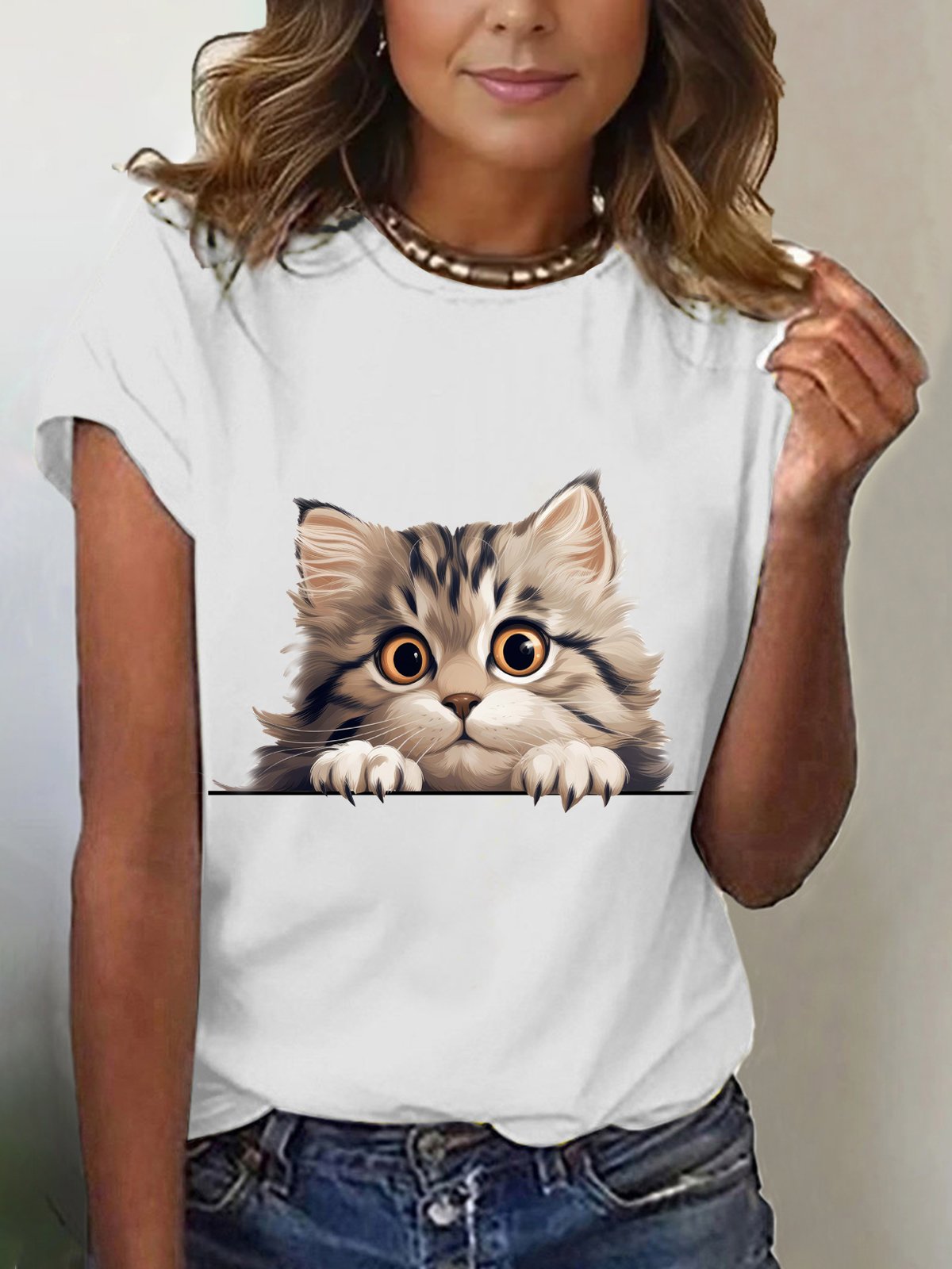 Casual Cat Crew Neck Short Sleeve T-shirt