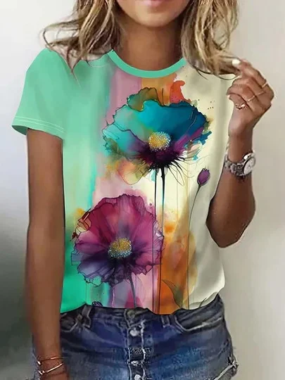 Casual Floral Crew Neck Short Sleeve T-shirt