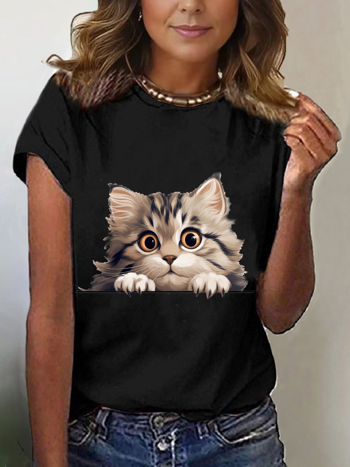 Casual Cat Crew Neck Short Sleeve T-shirt