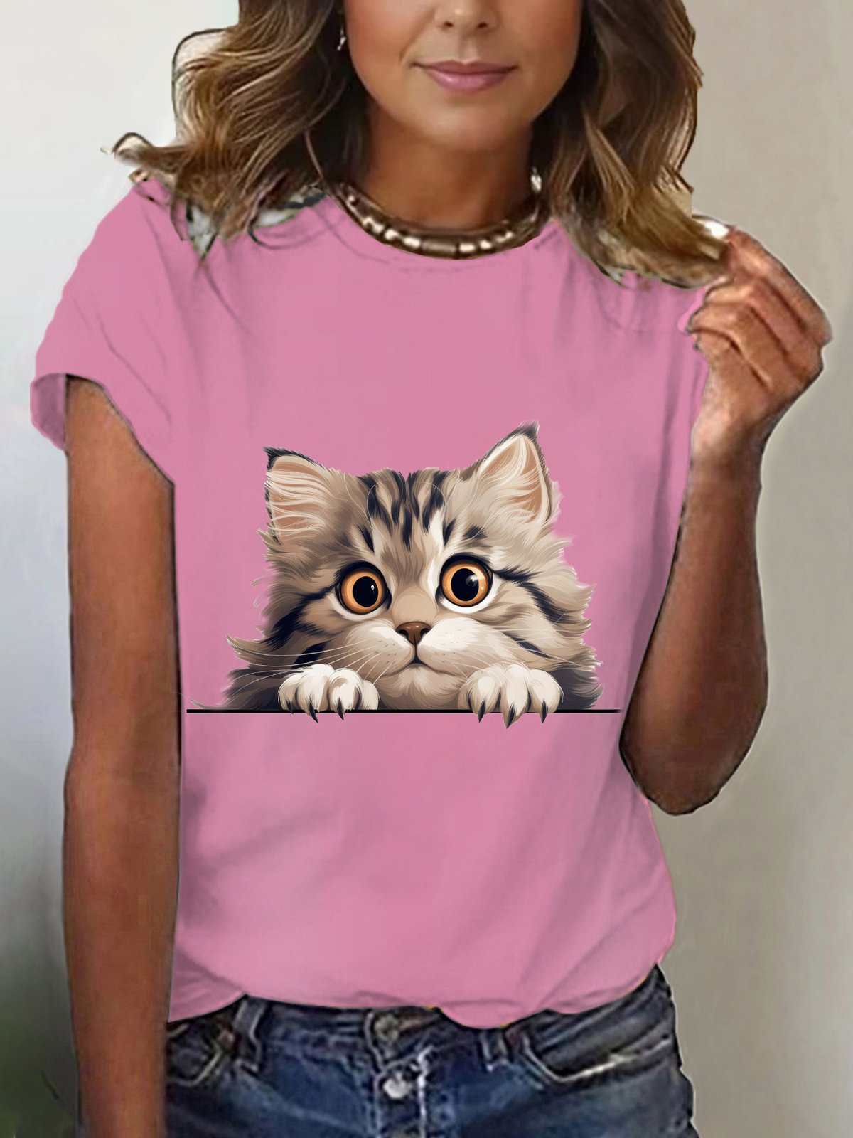 Casual Cat Crew Neck Short Sleeve T-shirt