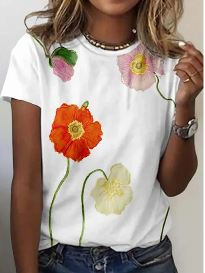 Casual Floral Crew Neck Short Sleeve T-shirt