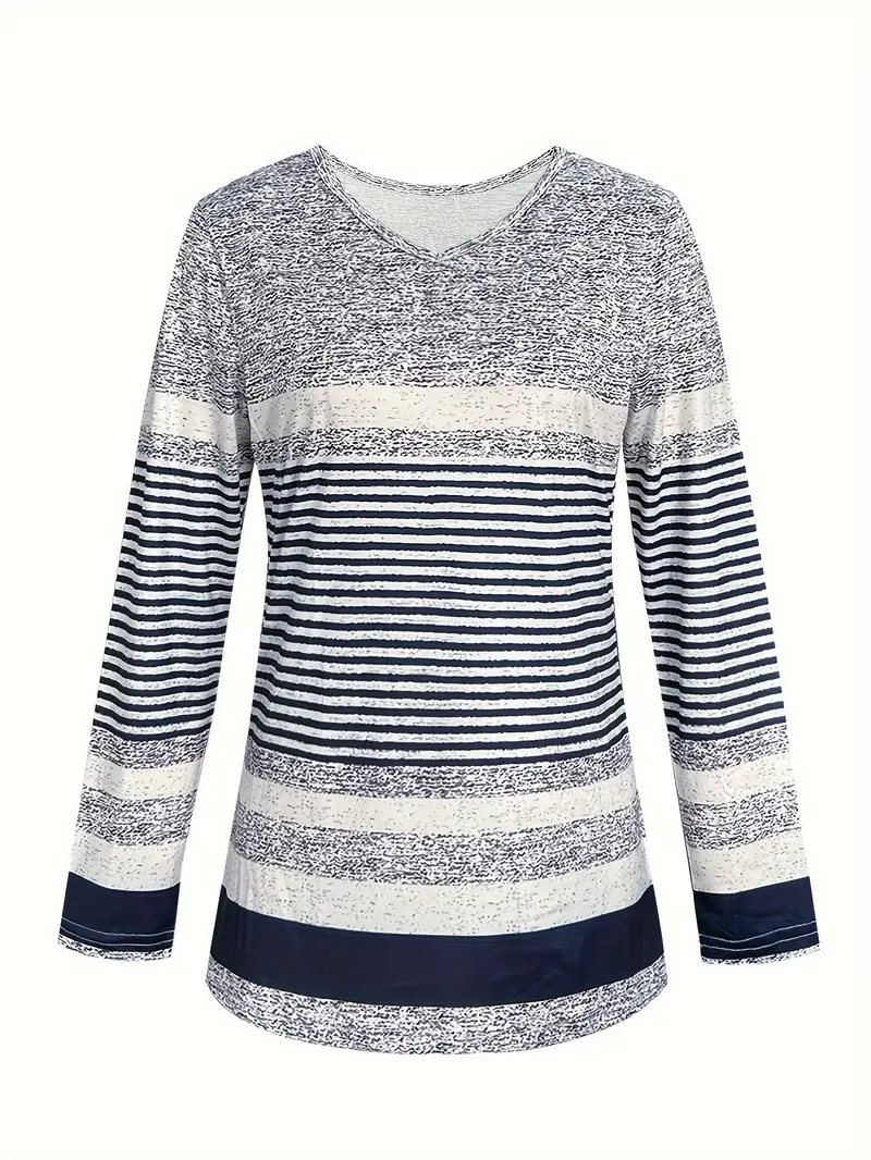 Vintage Striped V Neck Long Sleeve T-shirt