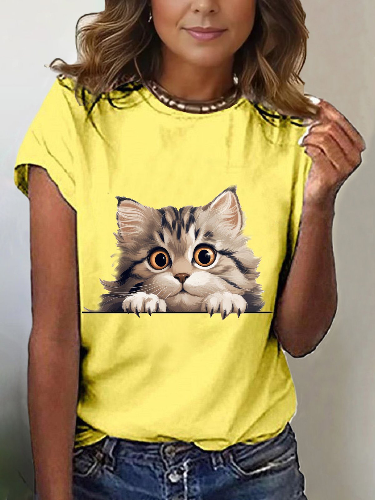 Casual Cat Crew Neck Short Sleeve T-shirt