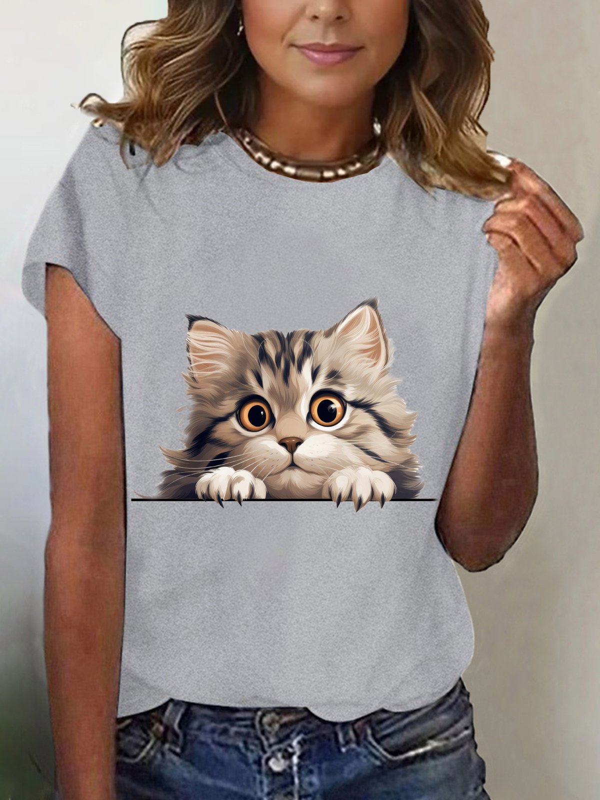 Casual Cat Crew Neck Short Sleeve T-shirt