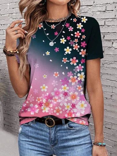 Casual Floral Crew Neck Short Sleeve T-shirt