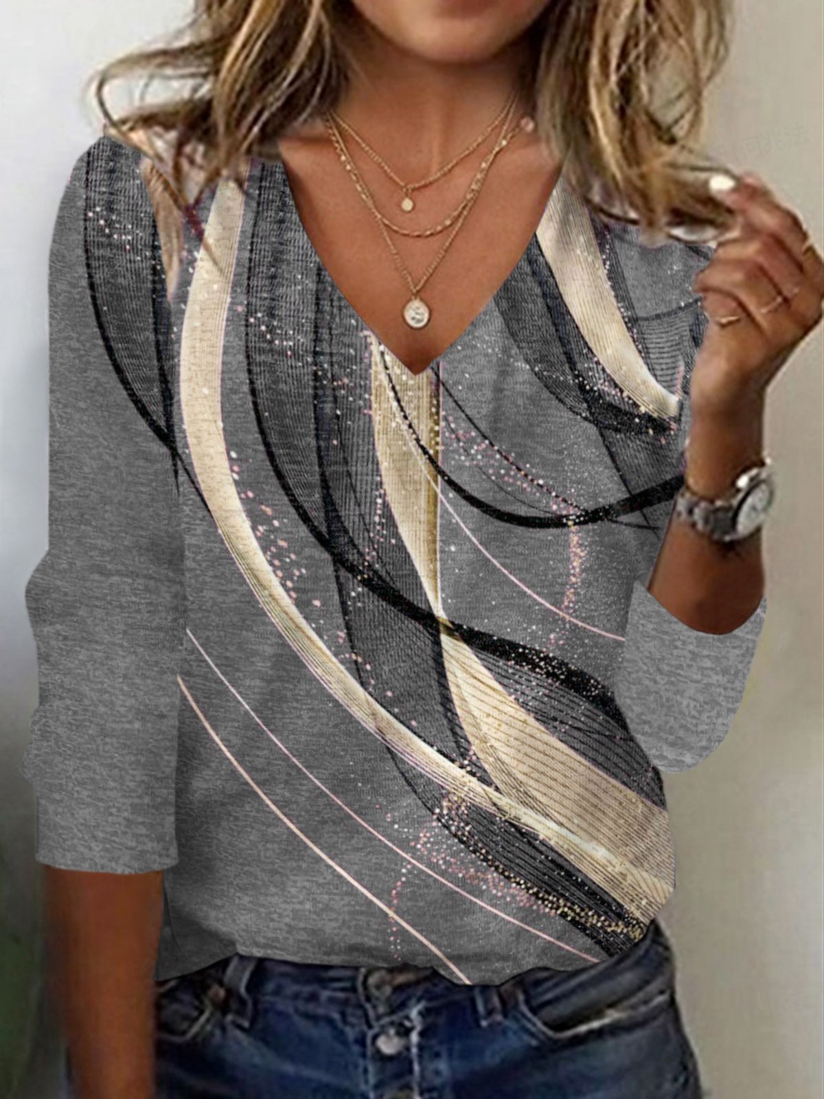 Casual Geometric V Neck Long Sleeve T-shirt