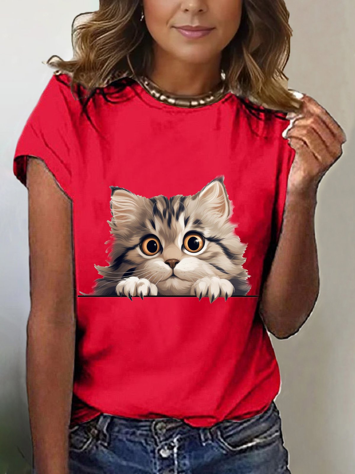 Casual Cat Crew Neck Short Sleeve T-shirt