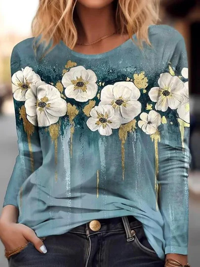 Casual Floral Crew Neck Long Sleeve T-shirt