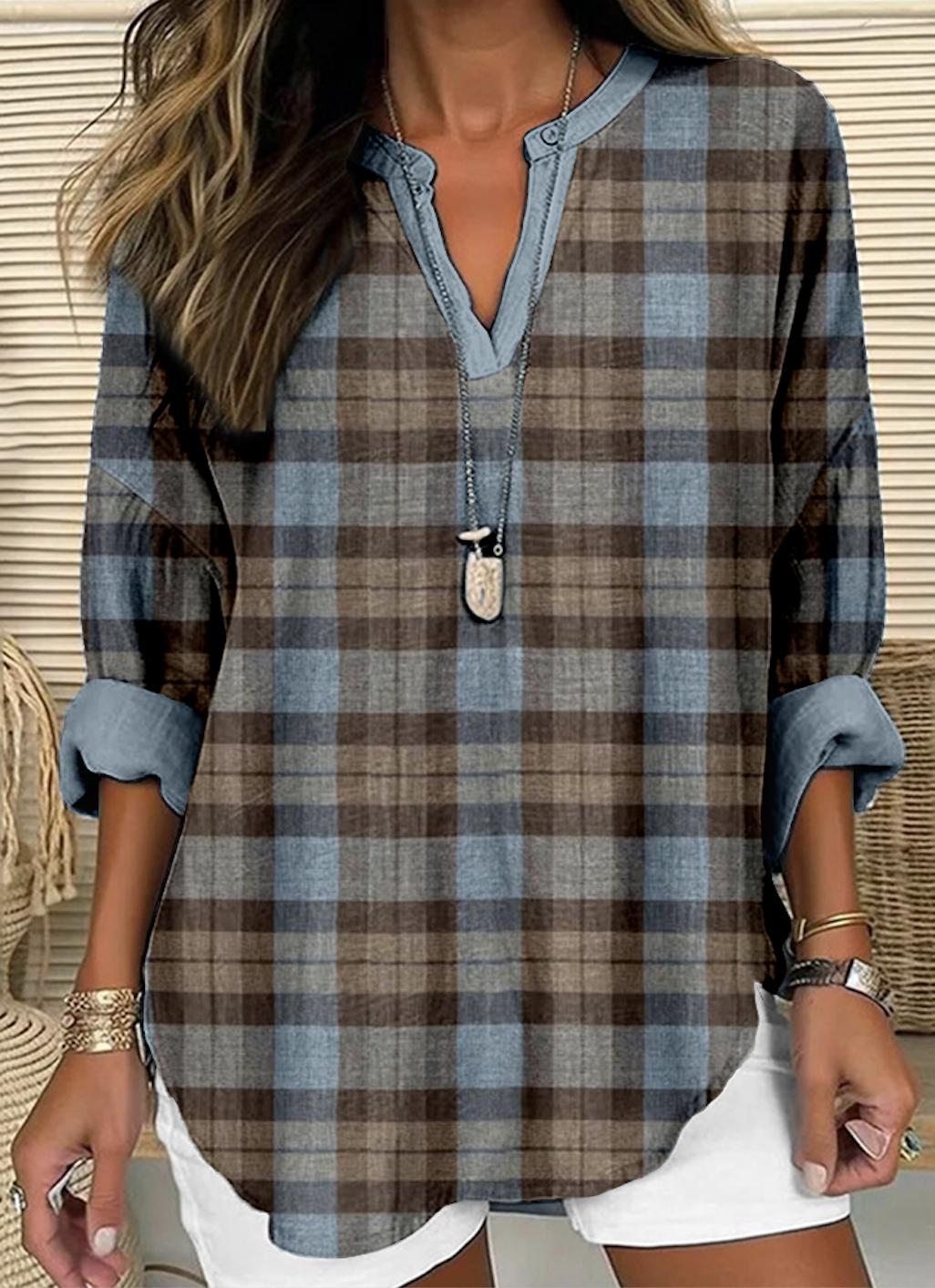 V Neck Long Sleeve Plaid Regular Micro-Elasticity Regular Fit Shirt For Women