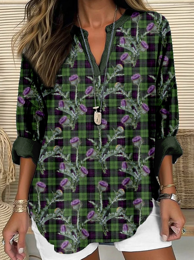 V Neck Long Sleeve Plaid Regular Micro-Elasticity Regular Fit Shirt For Women