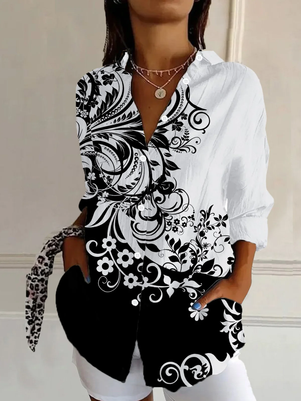 Shirt Collar Long Sleeve Floral Regular Loose Shirt For Women