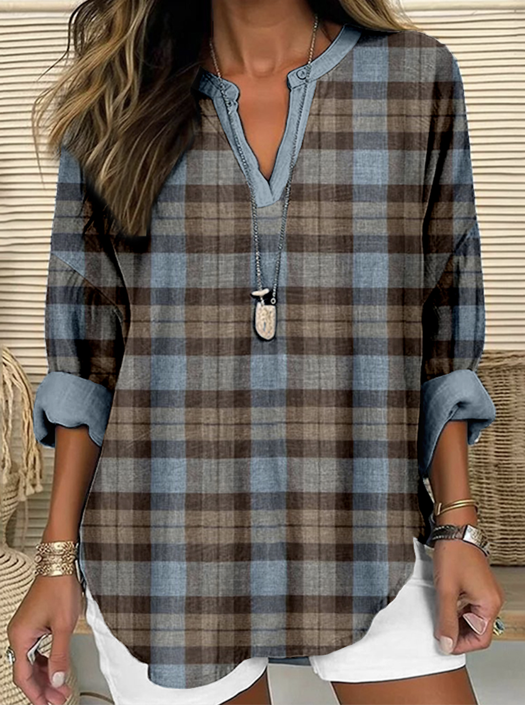 V Neck Long Sleeve Plaid Regular Micro-Elasticity Regular Fit Shirt For Women