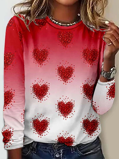 Casual Heart/Cordate Crew Neck Long Sleeve T-shirt