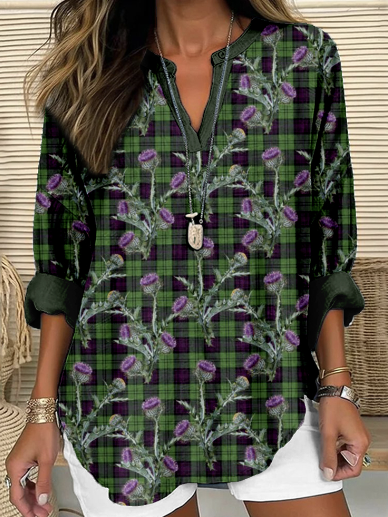 V Neck Long Sleeve Plaid Regular Micro-Elasticity Regular Fit Shirt For Women