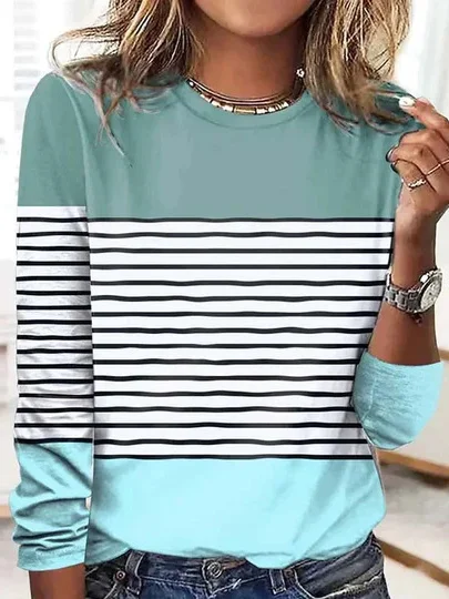 Casual Striped Crew Neck Long Sleeve T-shirt