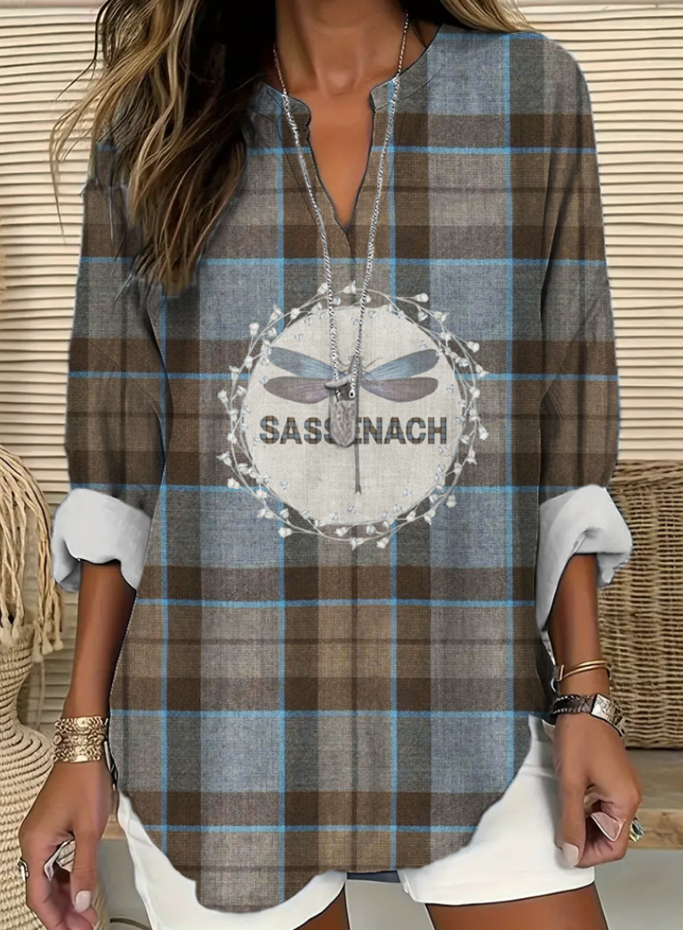 V Neck Long Sleeve Plaid Regular Micro-Elasticity Regular Fit Shirt For Women