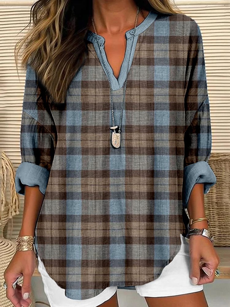 V Neck Long Sleeve Plaid Regular Micro-Elasticity Regular Fit Shirt For Women