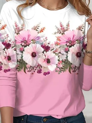 Casual Floral Crew Neck Long Sleeve T-shirt