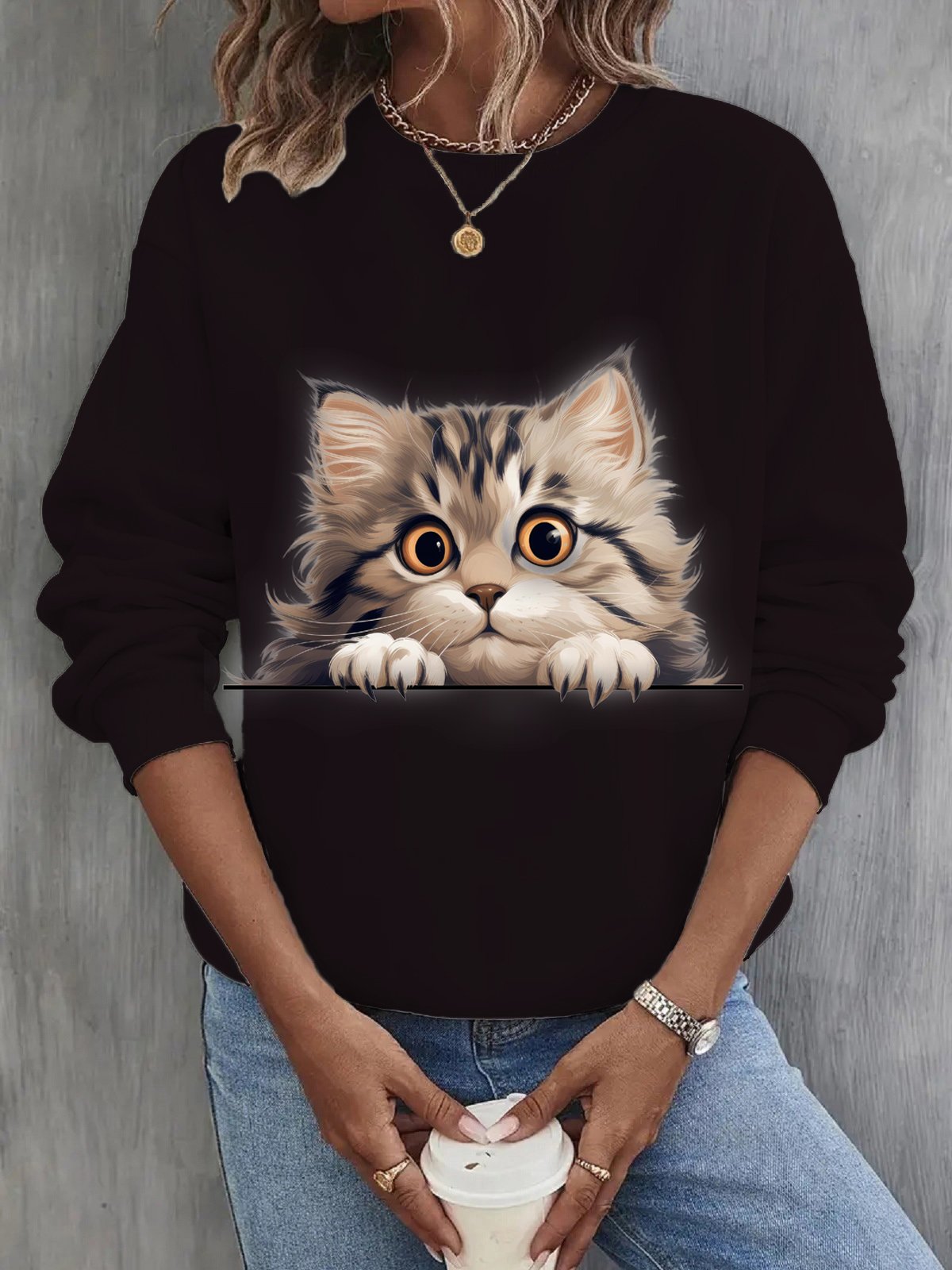 Casual Crew Neck Cat Sweatshirt