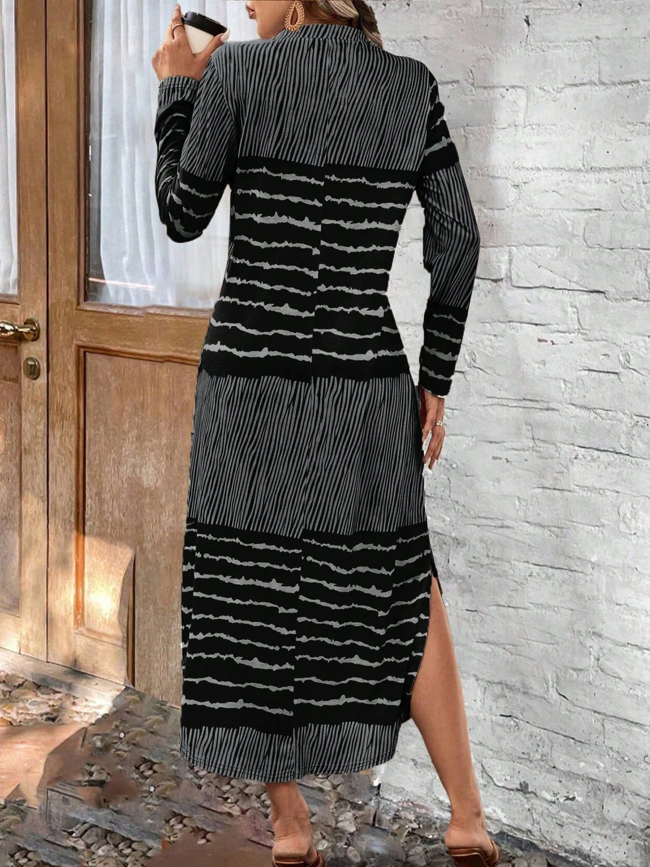 Women Striped Spring/Fall Dress Crew Neck Long Sleeve T-Shirt Dress H-Line Dress