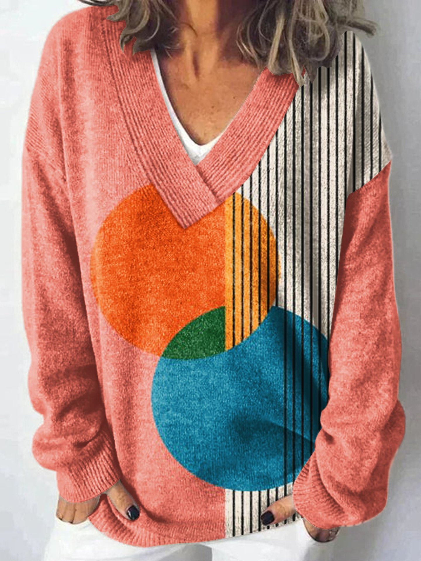 Women Geometric Long Sleeve Comfy Vintage Sweater