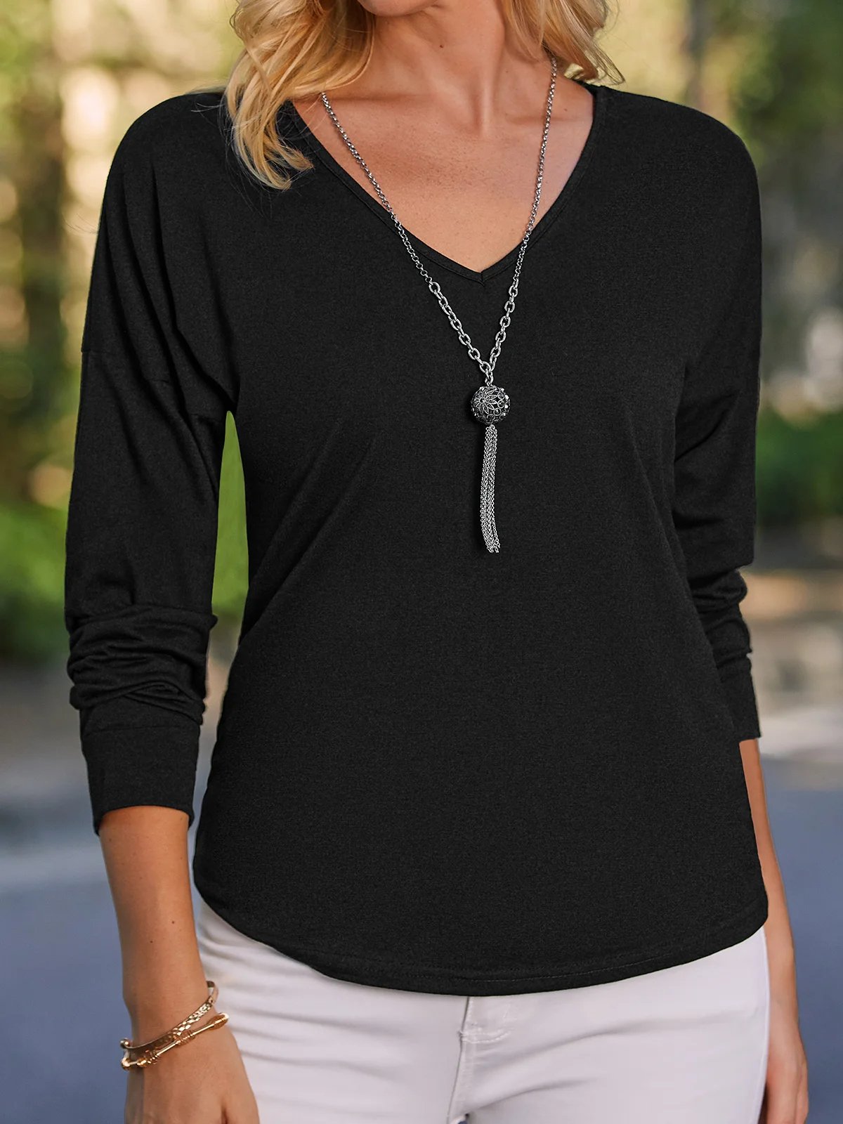 V Neck Long Sleeve Plain Regular Micro-Elasticity Loose Blouse For Women