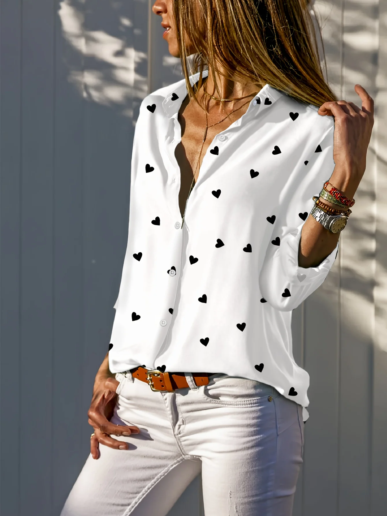 Shirt Collar Long Sleeve Heart/Cordate Regular Loose Shirt For Women