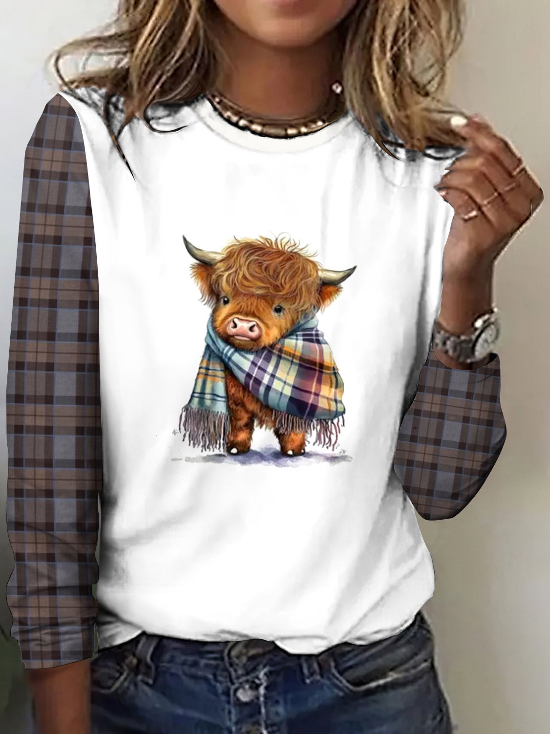 Vintage Plaid Crew Neck Long Sleeve T-shirt