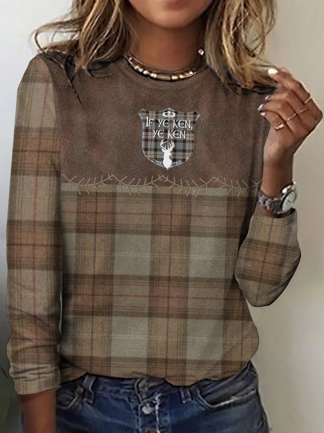 Vintage Plaid Crew Neck Long Sleeve T-shirt