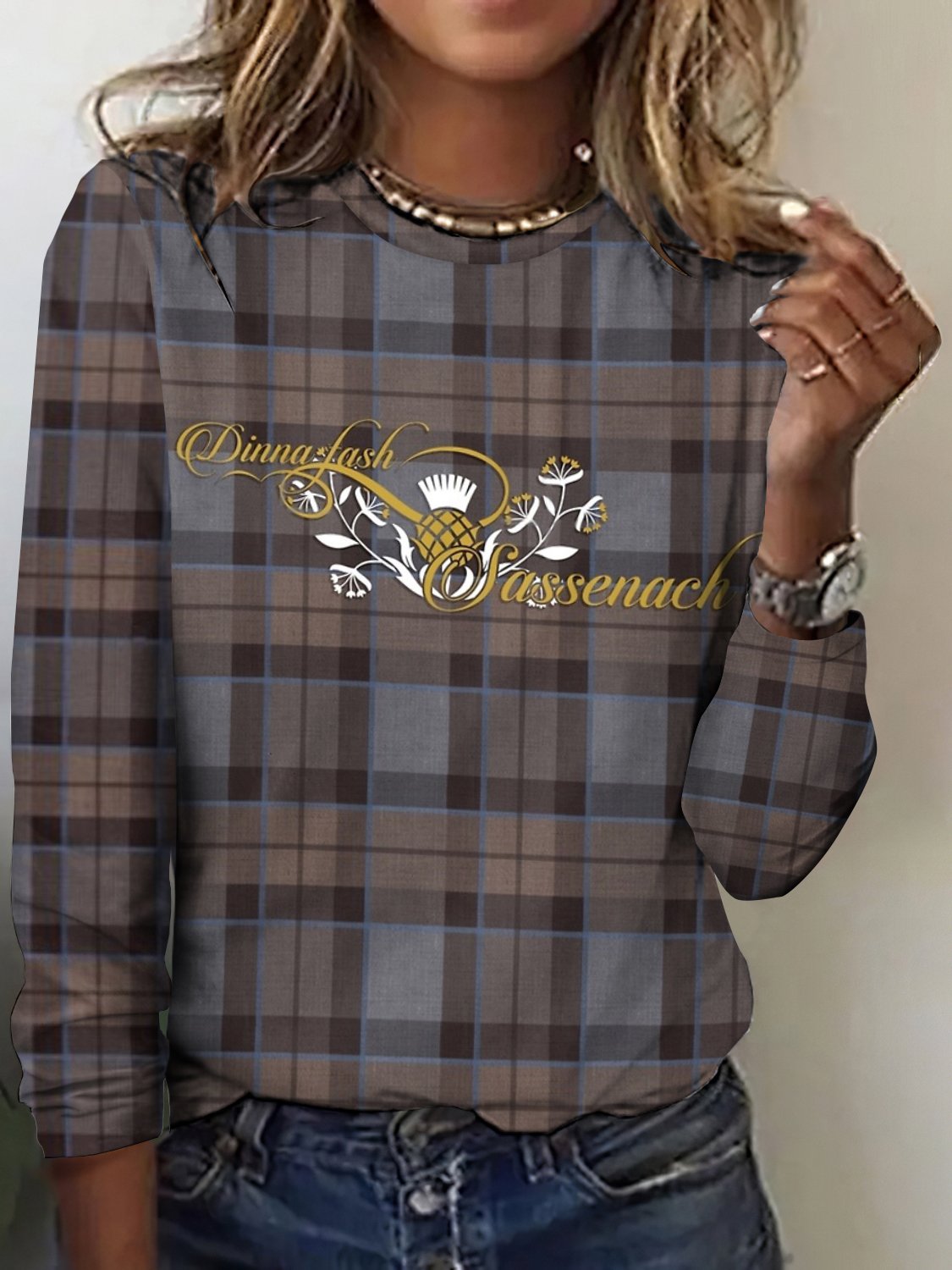 Vintage Plaid Crew Neck Long Sleeve T-shirt