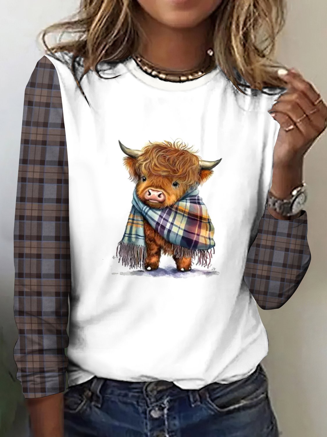 Vintage Plaid Crew Neck Long Sleeve T-shirt