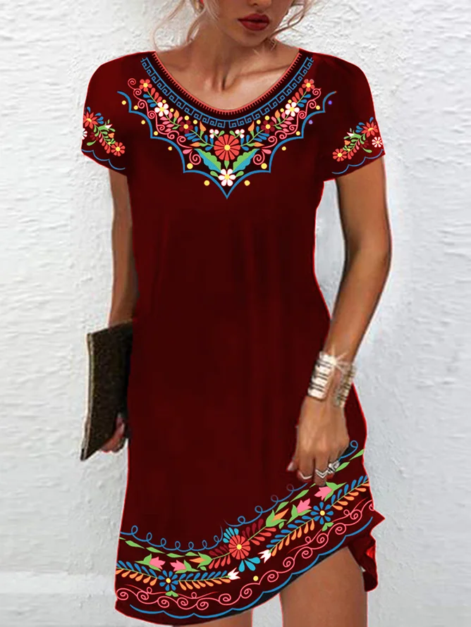 Women Ethnic Crew Neck Short Sleeve Comfy Casual Mini Dress