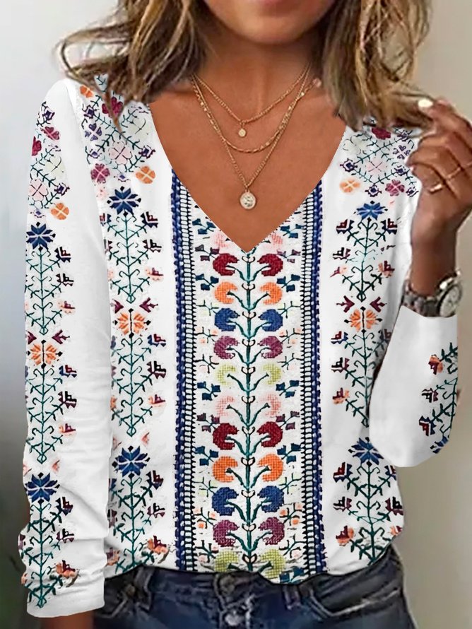 Casual Floral V Neck Long Sleeve T-shirt