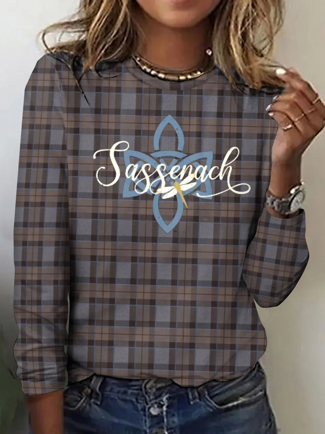 Vintage Classic Plaid Pattern Crew Neck Long Sleeve T-shirt