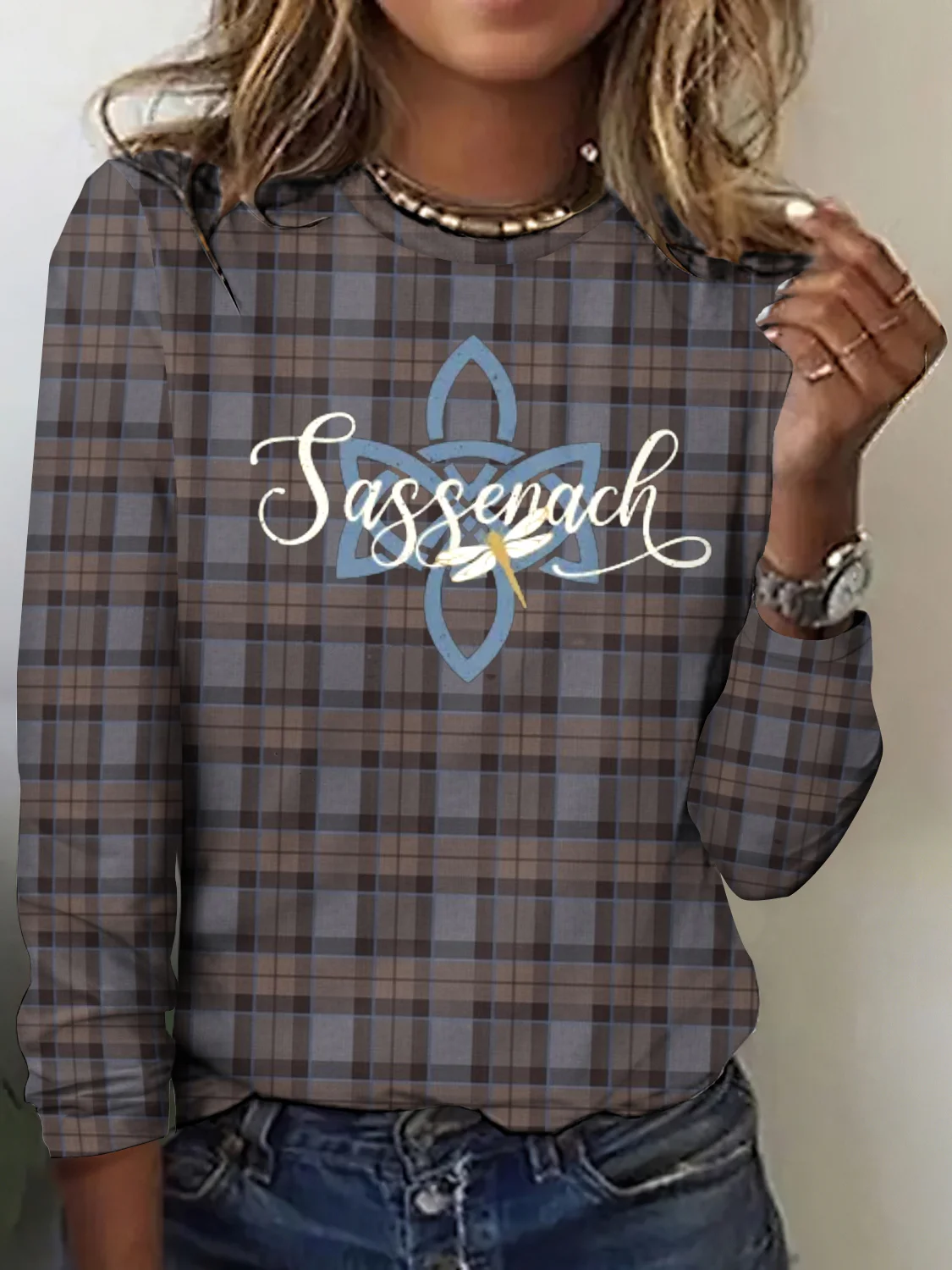 Vintage Classic Plaid Pattern Crew Neck Long Sleeve T-shirt