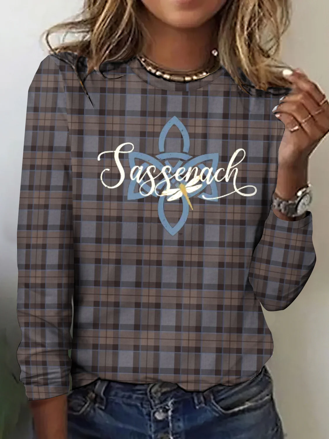 Vintage Classic Plaid Pattern Crew Neck Long Sleeve T-shirt