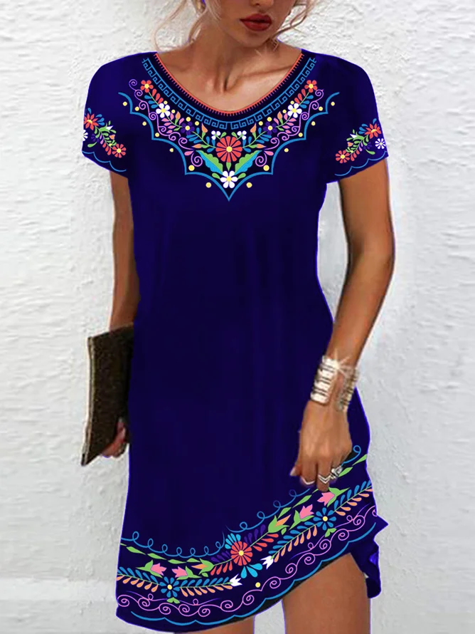 Women Ethnic Crew Neck Short Sleeve Comfy Casual Mini Dress