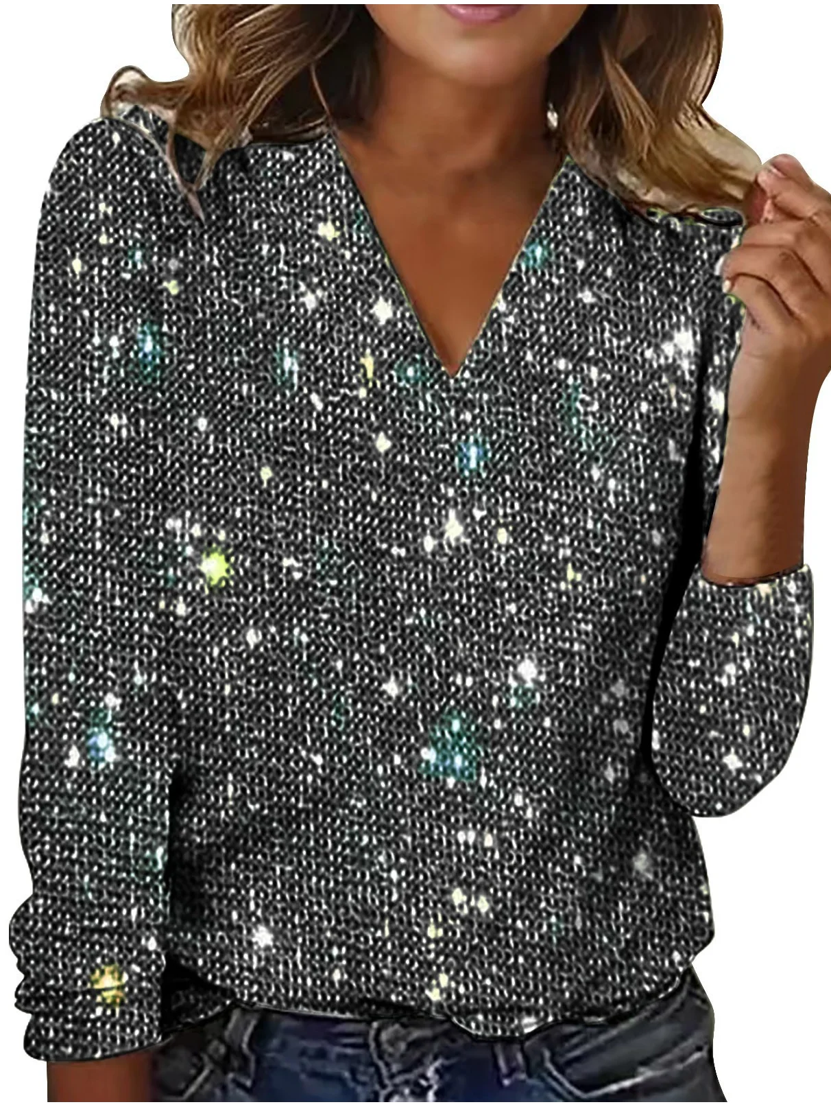 Casual Holiday Sequin Pattern V Neck Long Sleeve T-shirt