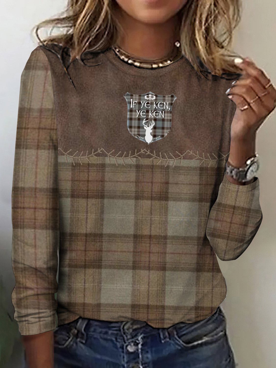 Vintage Plaid Crew Neck Long Sleeve T-shirt