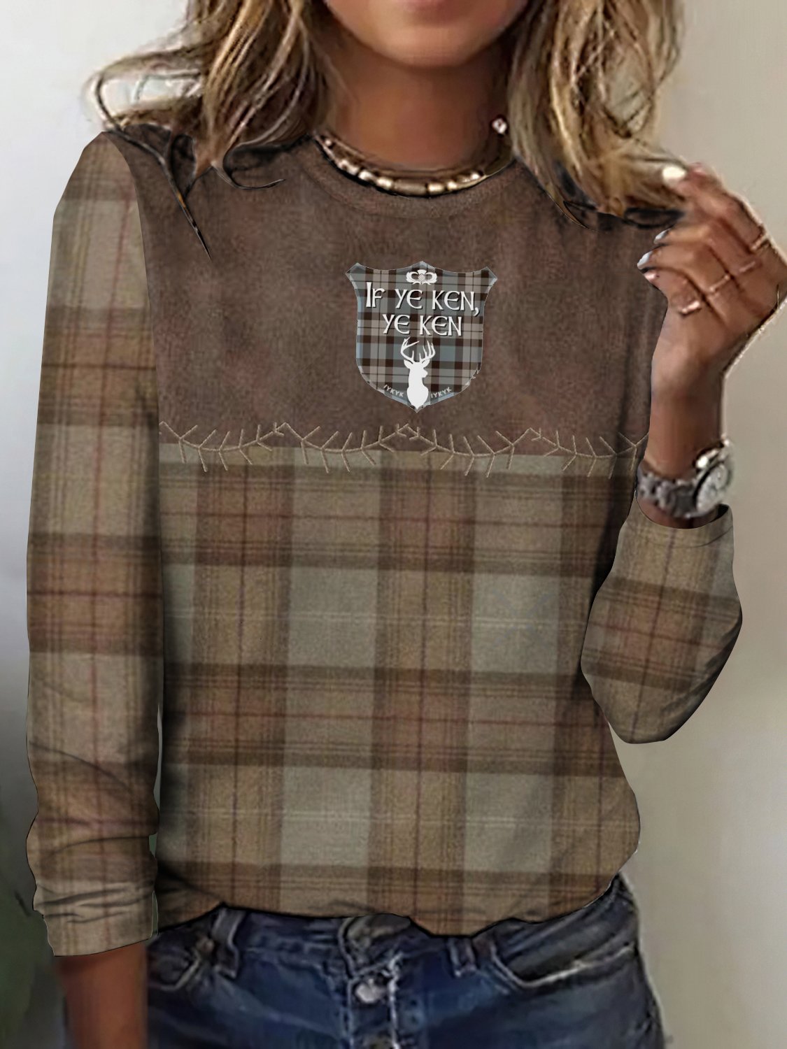 Vintage Plaid Crew Neck Long Sleeve T-shirt