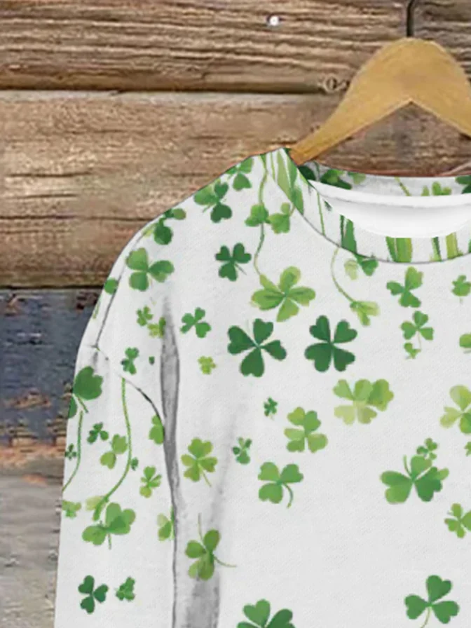 Casual St. Patrick's Day Crew Neck Four-leaf Clover Sweatshirt