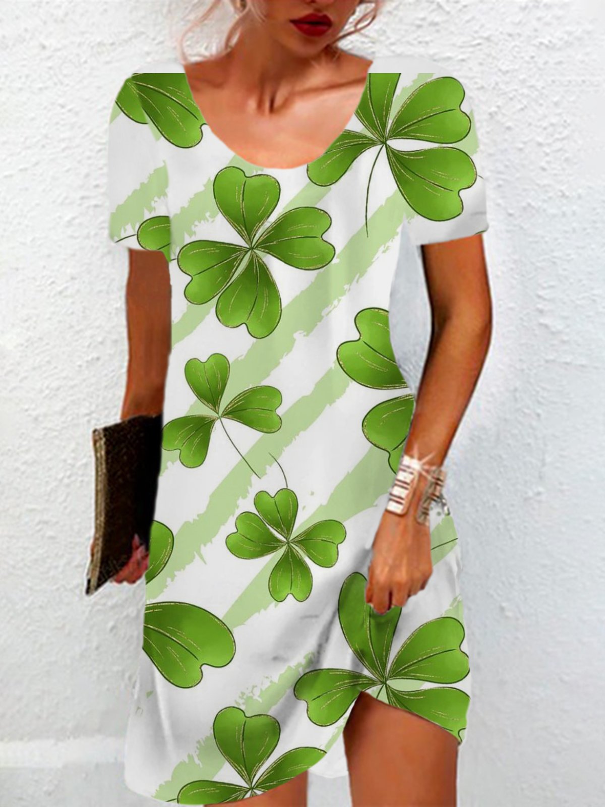 Women Four-leaf Clover Crew Neck Short Sleeve Comfy Casual Mini Dress