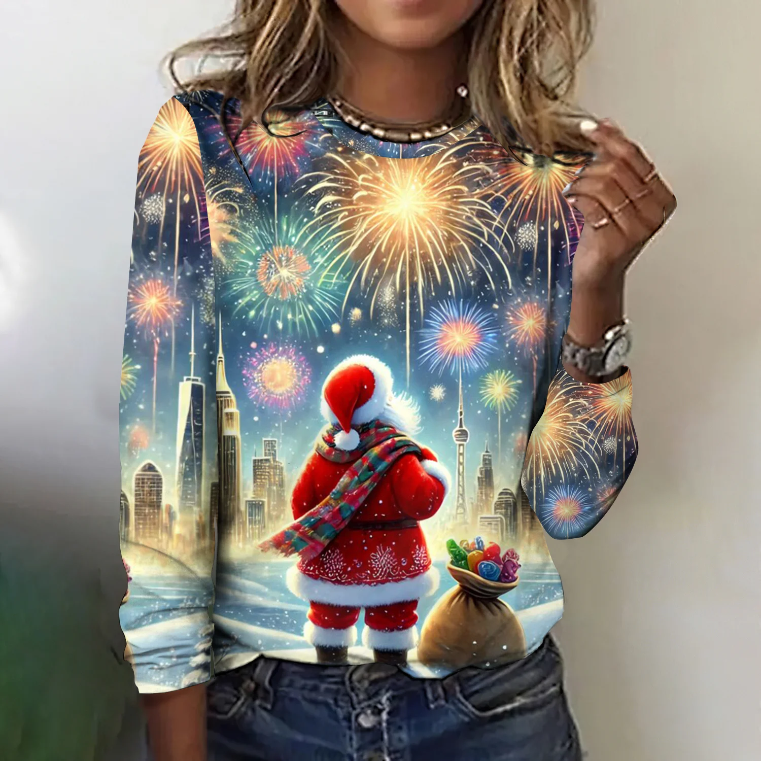 Vintage Santa Claus Pattern Crew Neck Long Sleeve T-shirt