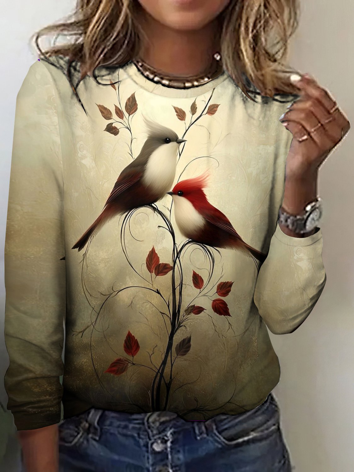 Vintage Bird Pattern Crew Neck Long Sleeve T-shirt