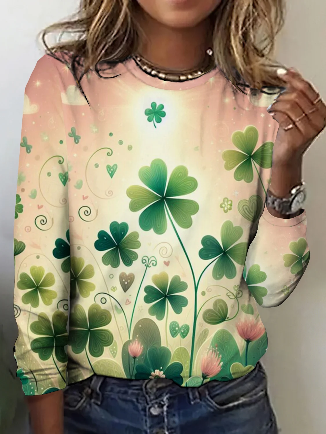 St. Patrick's Day Leaf Pattern Crew Neck Long Sleeve T-shirt