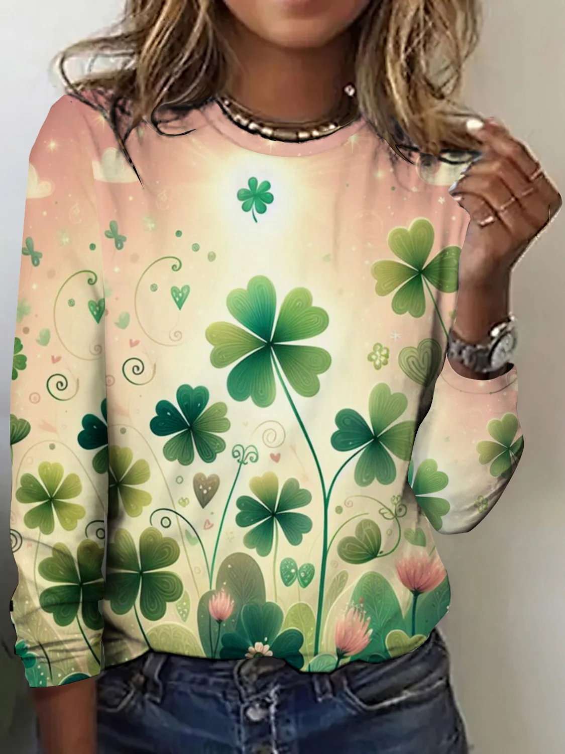 St. Patrick's Day Leaf Pattern Crew Neck Long Sleeve T-shirt