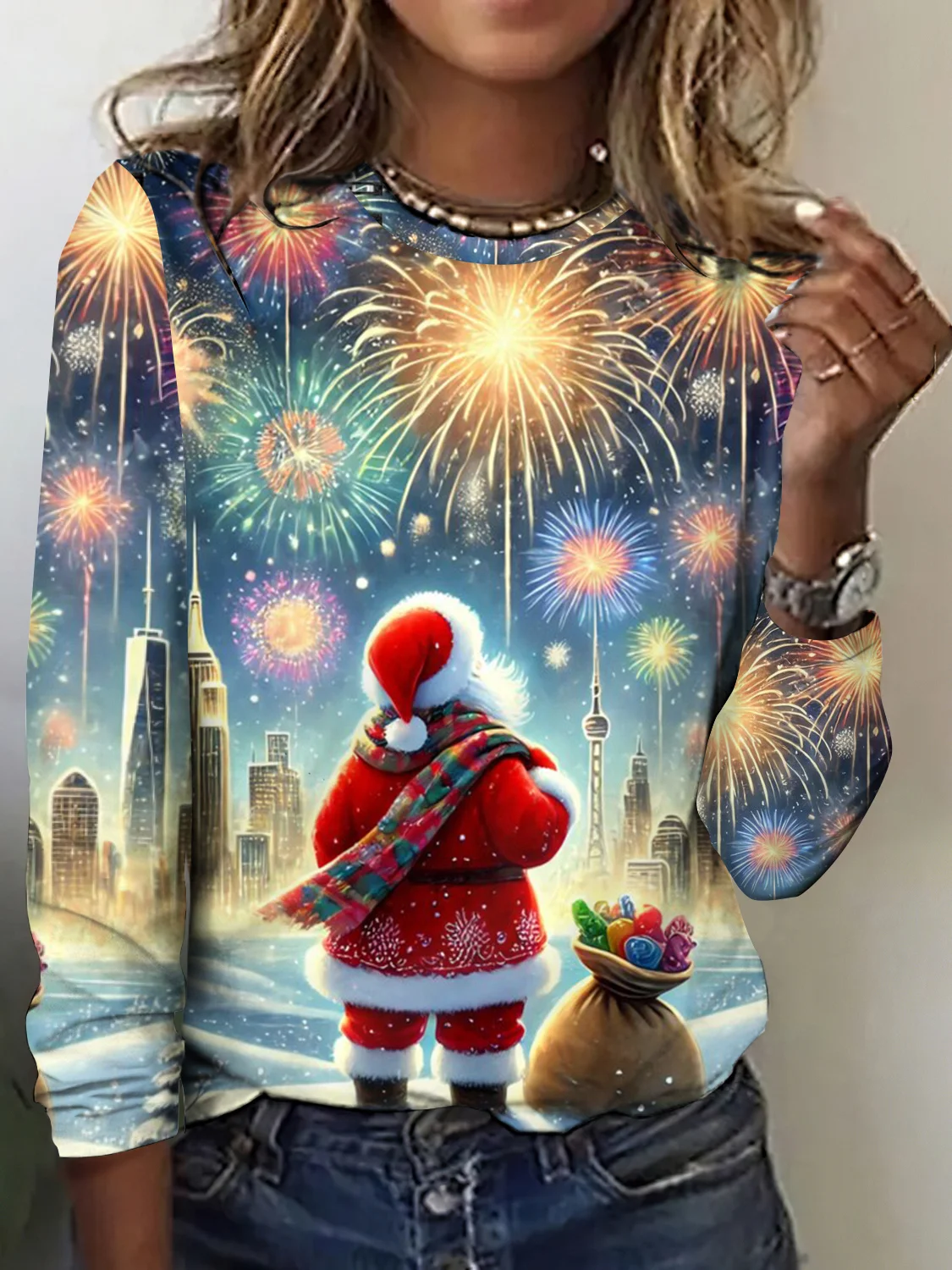 Vintage Santa Claus Pattern Crew Neck Long Sleeve T-shirt