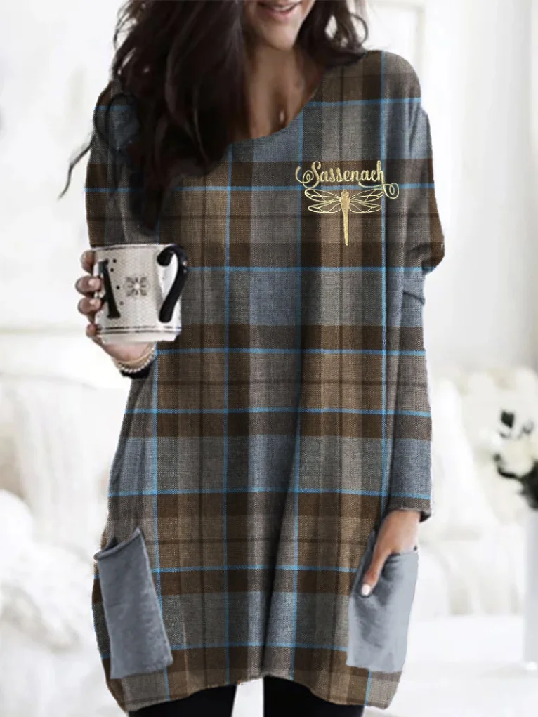 Vintage Classic Plaid Pattern Crew Neck Long Sleeve T-shirt