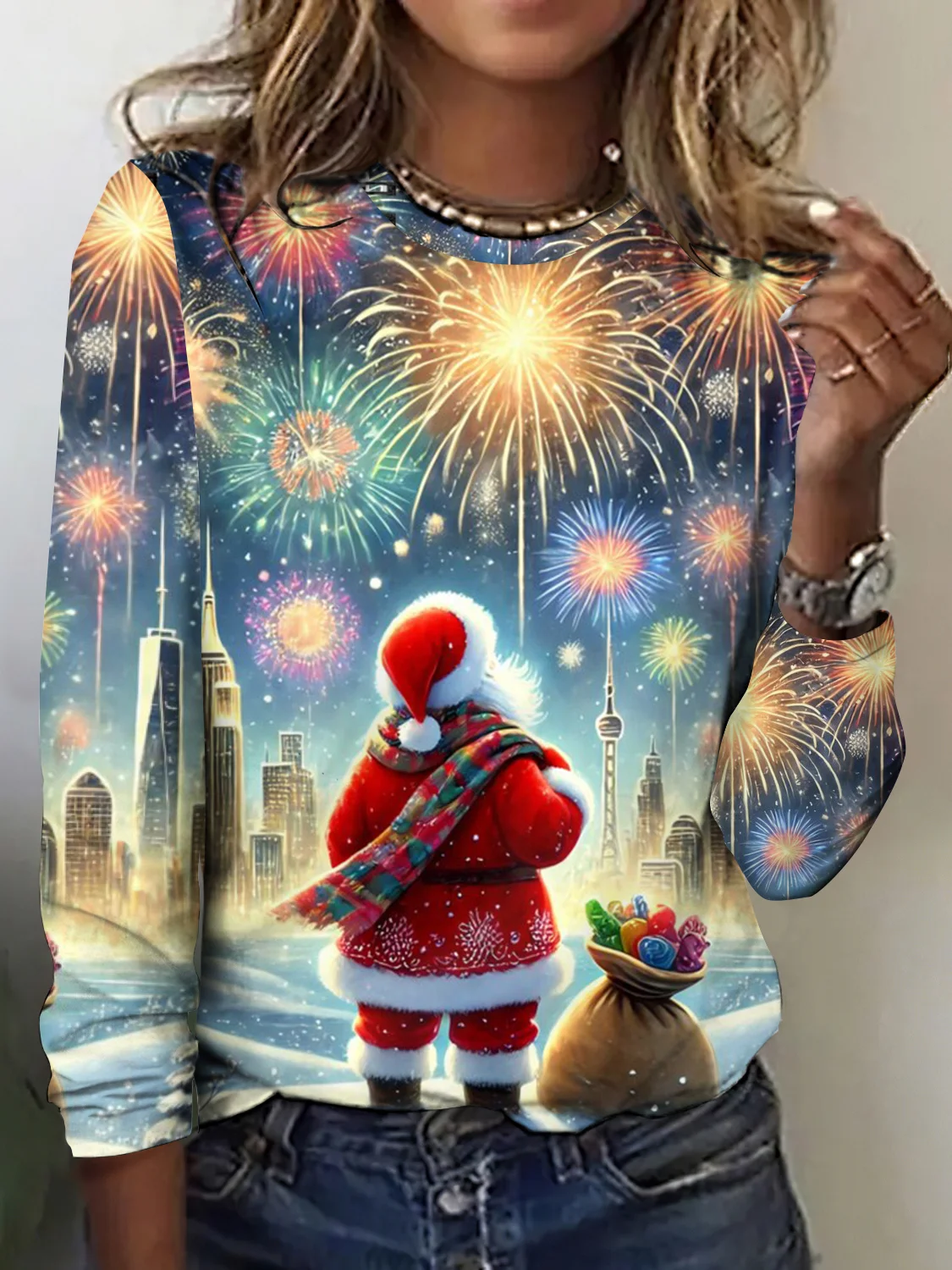 Vintage Santa Claus Pattern Crew Neck Long Sleeve T-shirt