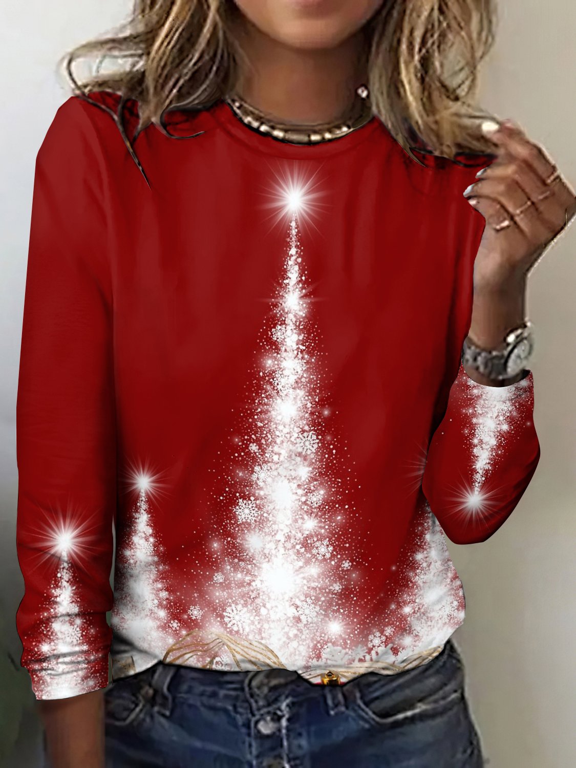 Vintage Holiday Pattern Crew Neck Long Sleeve T-shirt